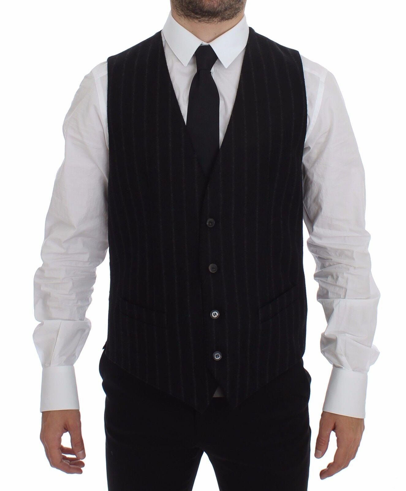 Dolce & Gabbana Schwarz gestreifte Wollweste Logo Gilet Weste