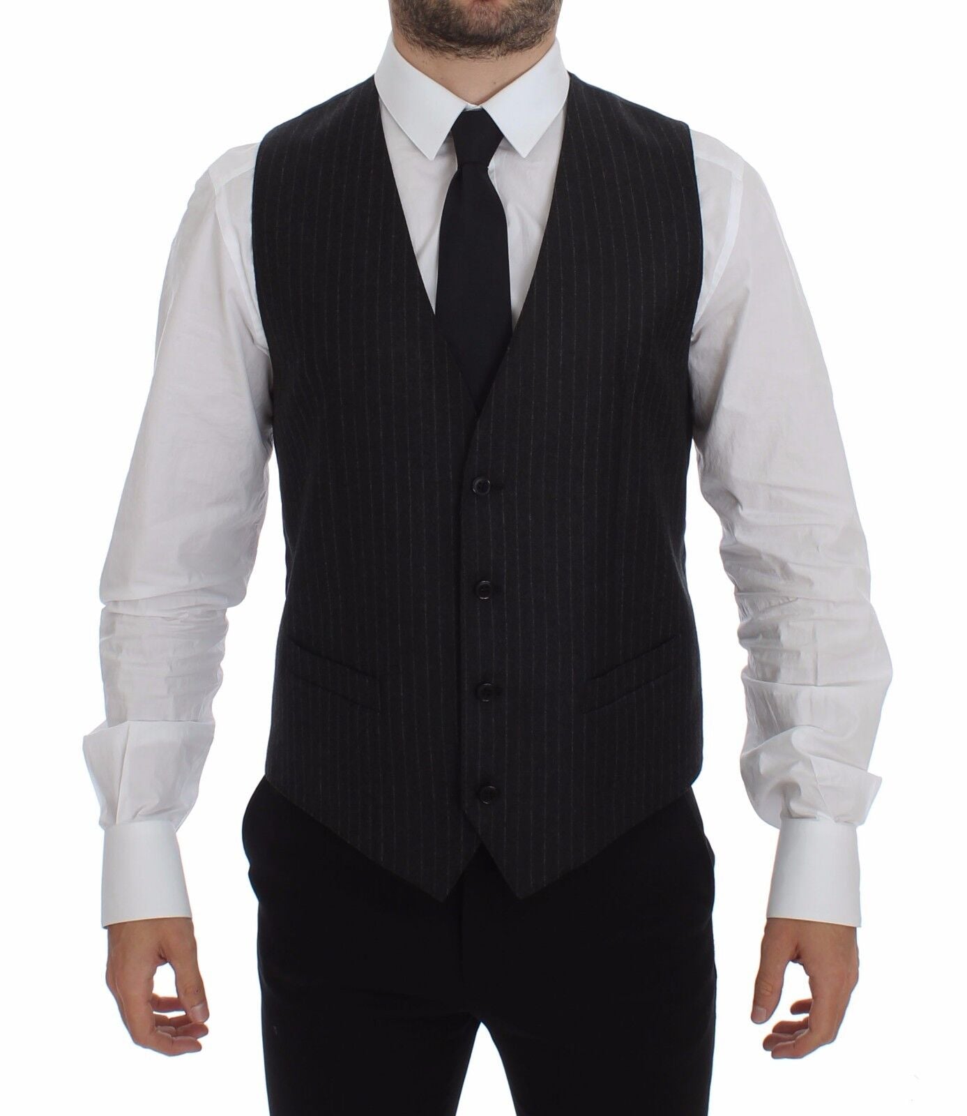 Dolce & Gabbana Graue gestreifte Wollweste Logo-Weste Gilet-Westen