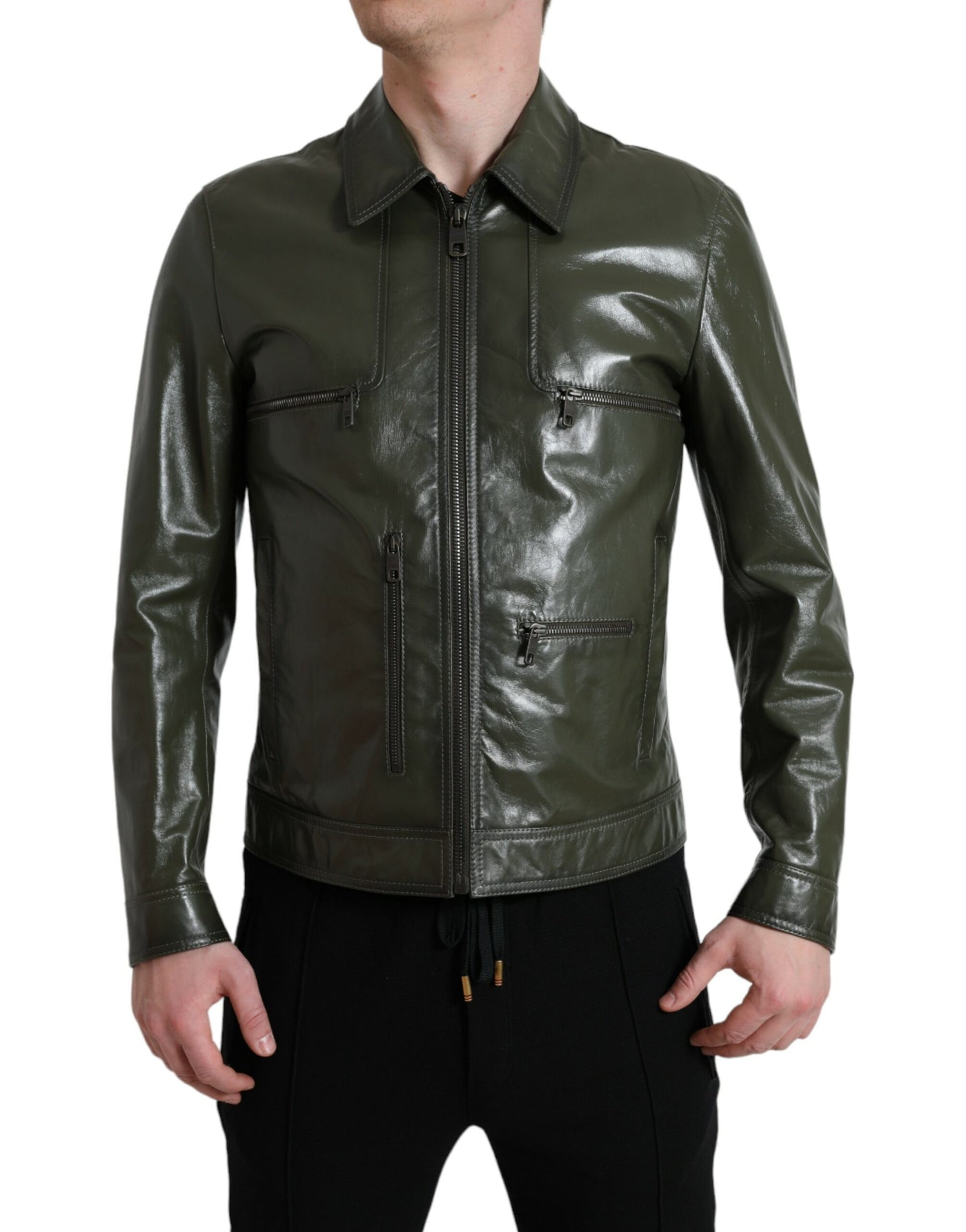 Dolce & Gabbana Grüne Bikerjacke mit Kragen und durchgehendem Reißverschluss aus Leder