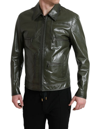 Dolce & Gabbana Grüne Bikerjacke mit Kragen und durchgehendem Reißverschluss aus Leder