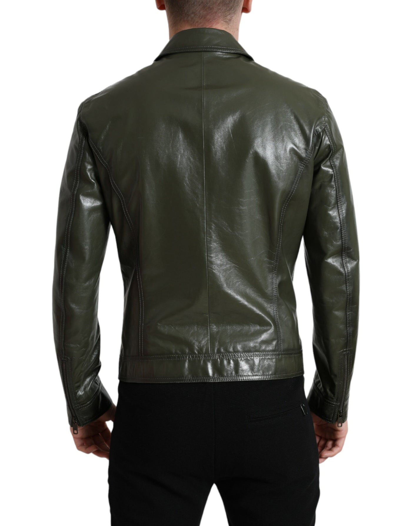 Dolce & Gabbana Grüne Bikerjacke mit Kragen und durchgehendem Reißverschluss aus Leder