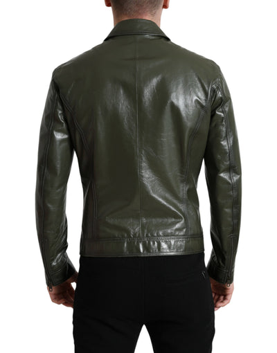 Dolce & Gabbana Grüne Bikerjacke mit Kragen und durchgehendem Reißverschluss aus Leder