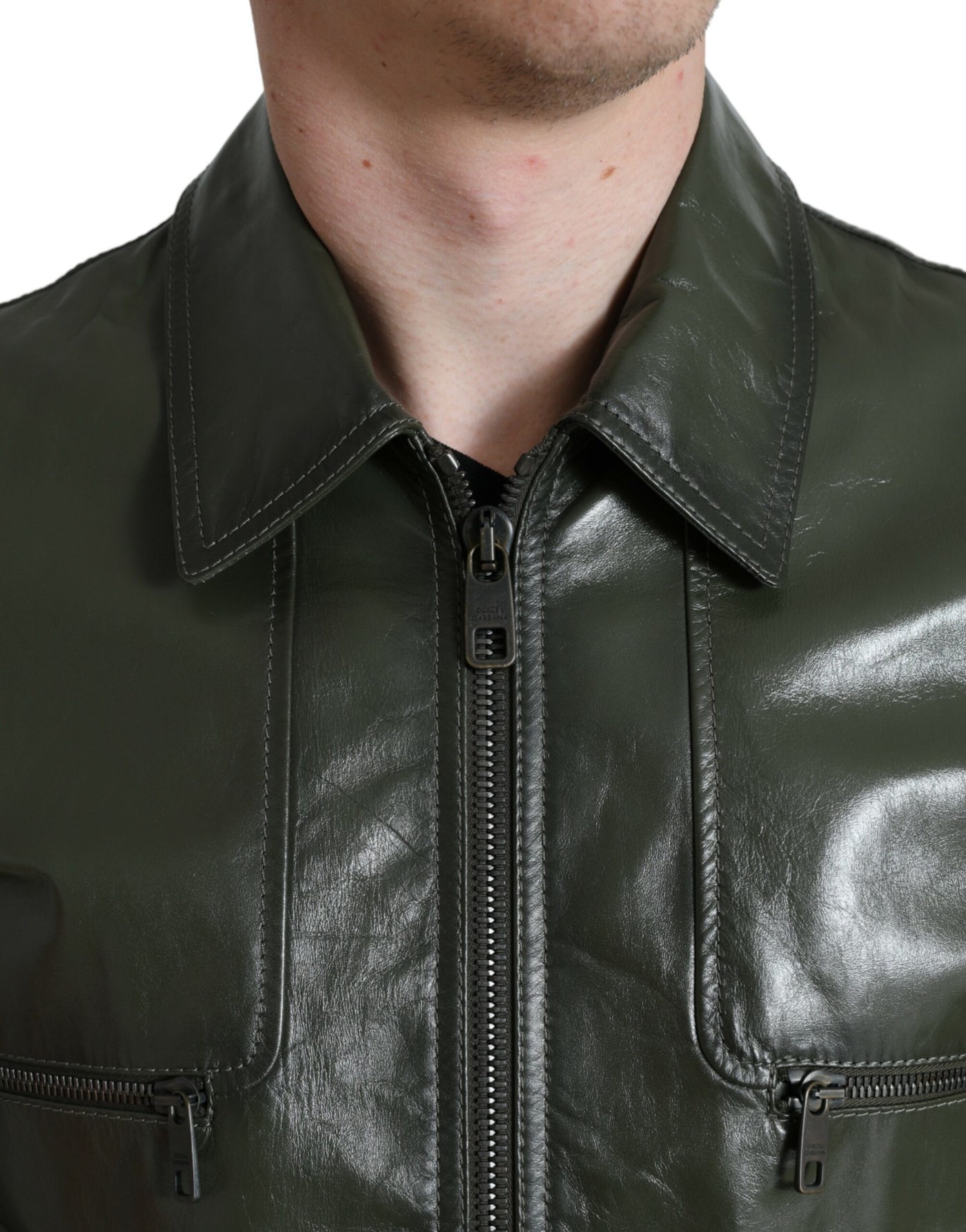 Dolce & Gabbana Grüne Bikerjacke mit Kragen und durchgehendem Reißverschluss aus Leder