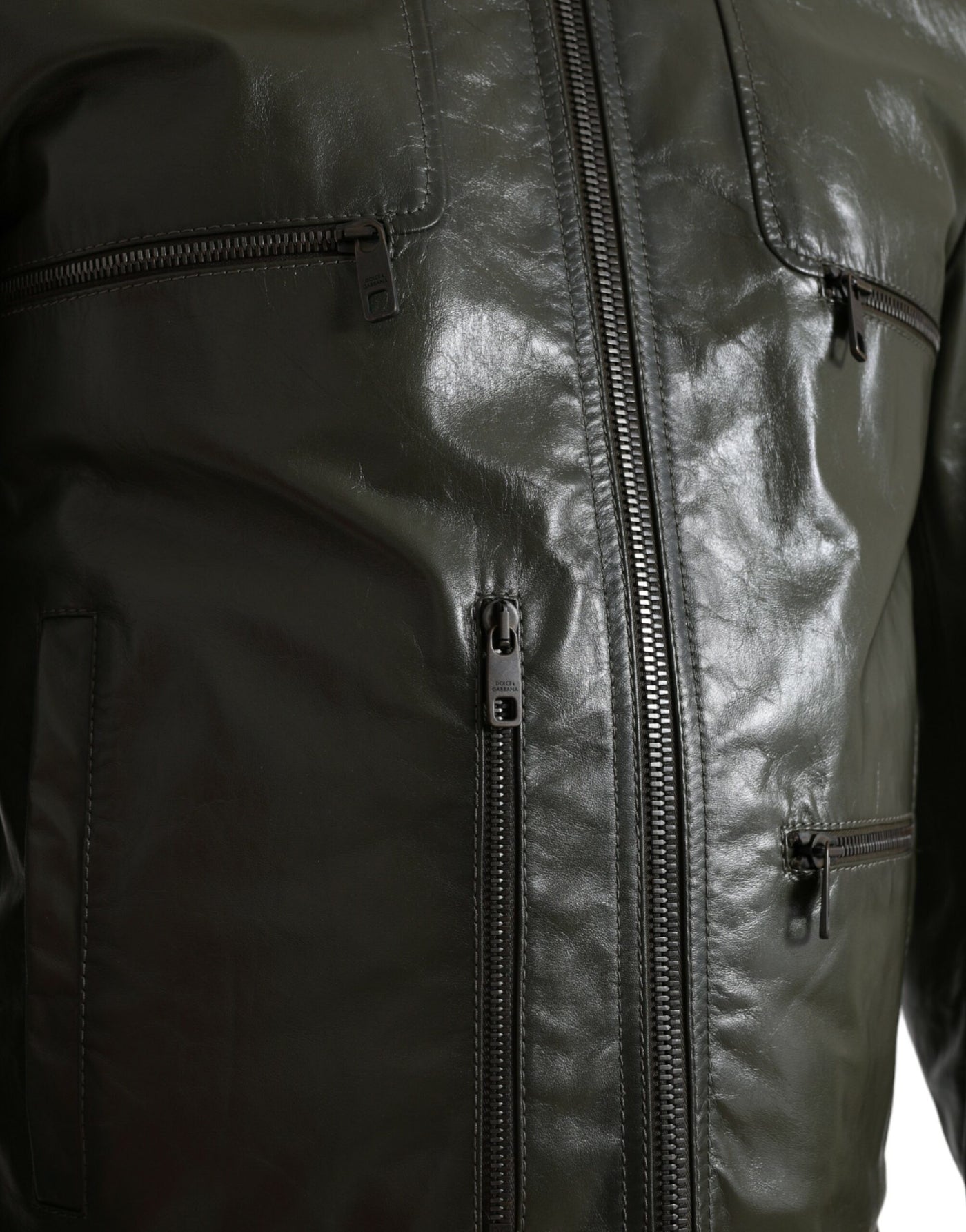 Dolce & Gabbana Grüne Bikerjacke mit Kragen und durchgehendem Reißverschluss aus Leder