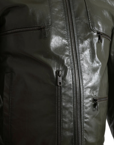 Dolce & Gabbana Grüne Bikerjacke mit Kragen und durchgehendem Reißverschluss aus Leder