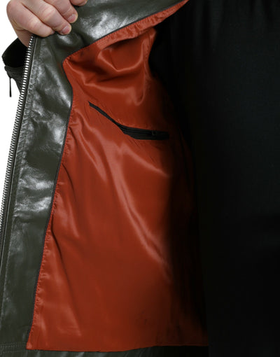 Dolce & Gabbana Grüne Bikerjacke mit Kragen und durchgehendem Reißverschluss aus Leder