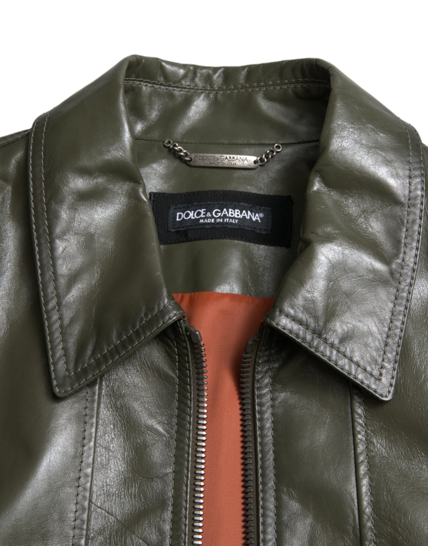 Dolce & Gabbana Grüne Bikerjacke mit Kragen und durchgehendem Reißverschluss aus Leder