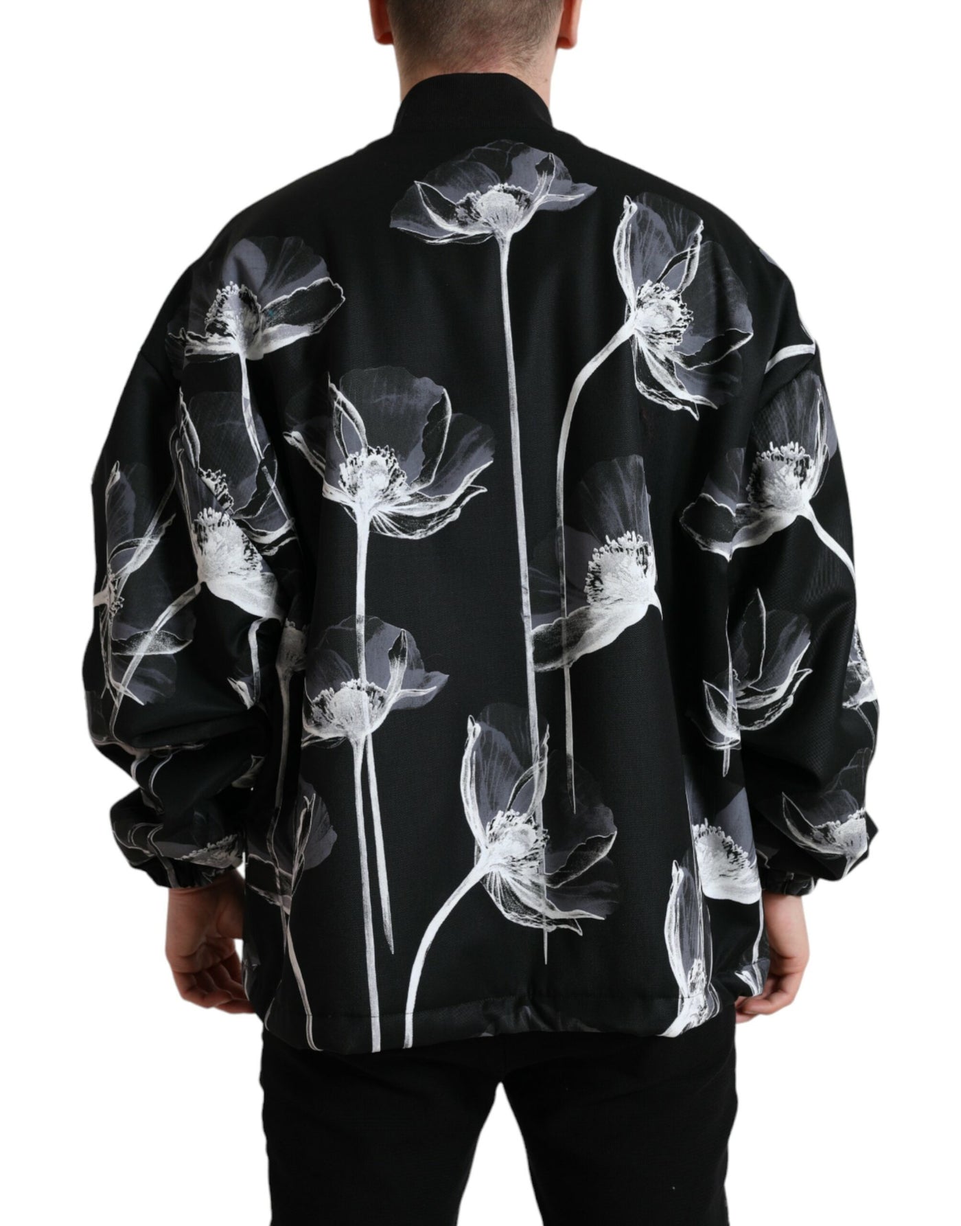 Dolce & Gabbana Schwarze Bomberjacke aus Wolle mit Blumendruck und Knopfleiste