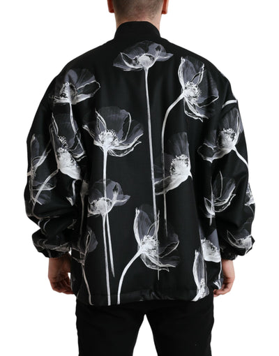Dolce & Gabbana Schwarze Bomberjacke aus Wolle mit Blumendruck und Knopfleiste