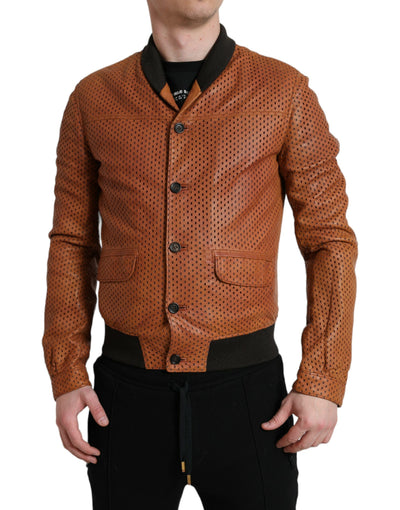 Dolce & Gabbana Braune Lammfelllederjacke mit Perforation