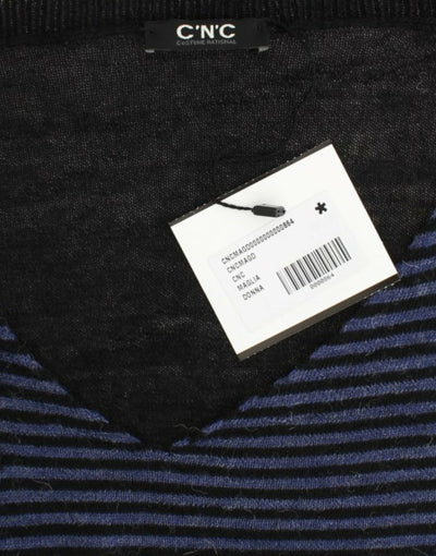 Costume National Schwarzer gestreifter Pullover mit V-Ausschnitt