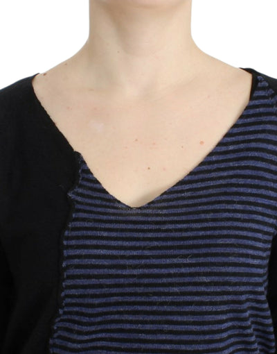 Costume National Schwarzer gestreifter Pullover mit V-Ausschnitt