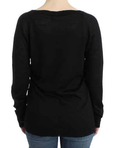 Costume National Schwarzer gestreifter Pullover mit V-Ausschnitt