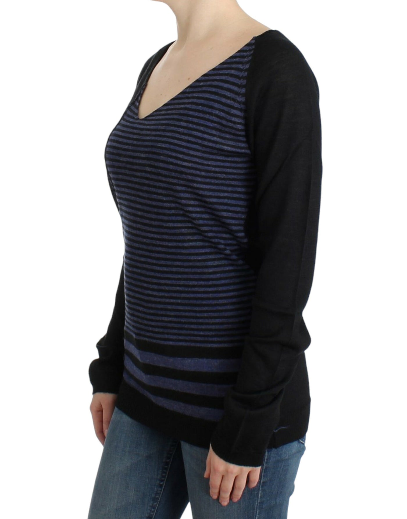 Costume National Schwarzer gestreifter Pullover mit V-Ausschnitt