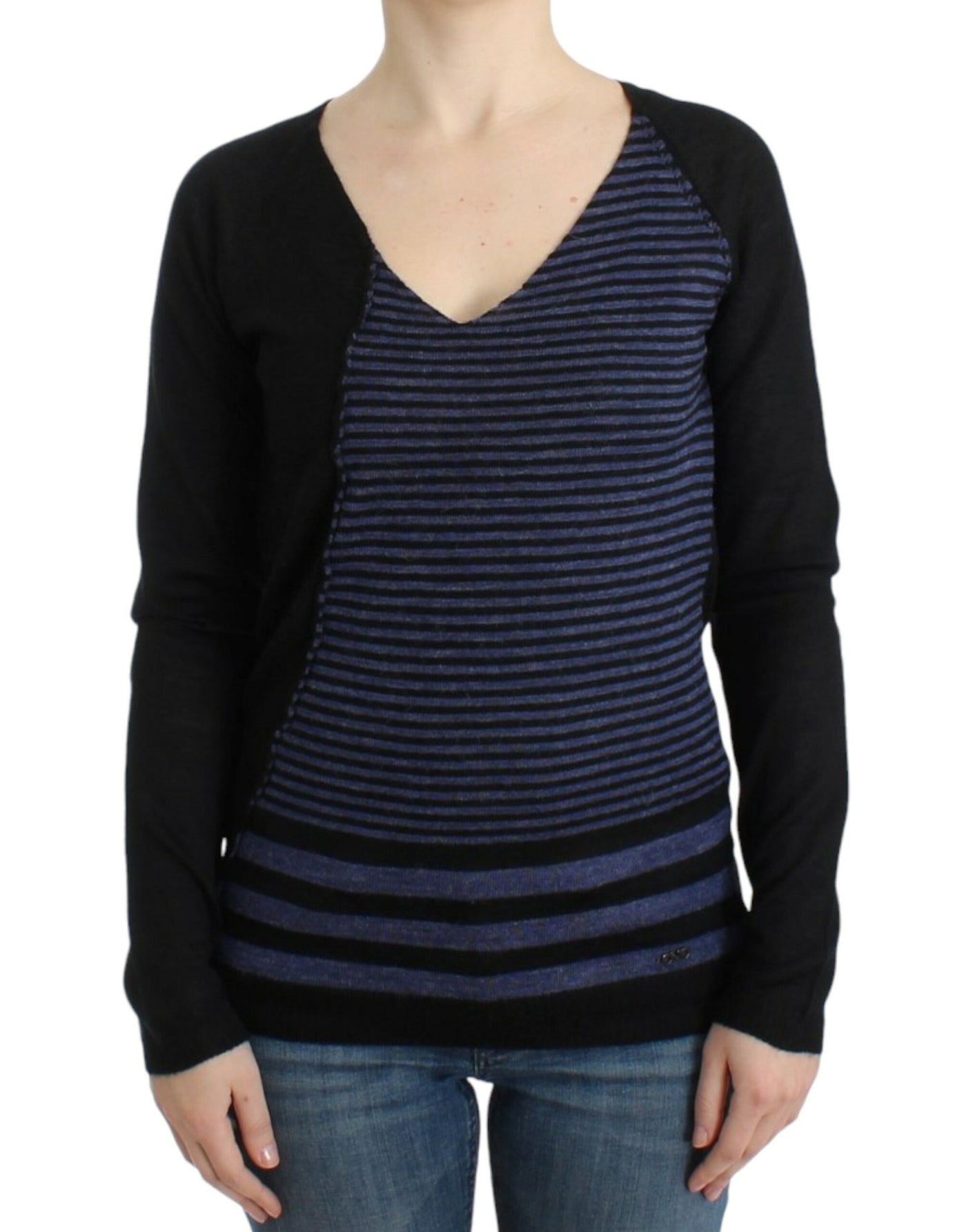 Costume National Schwarzer gestreifter Pullover mit V-Ausschnitt