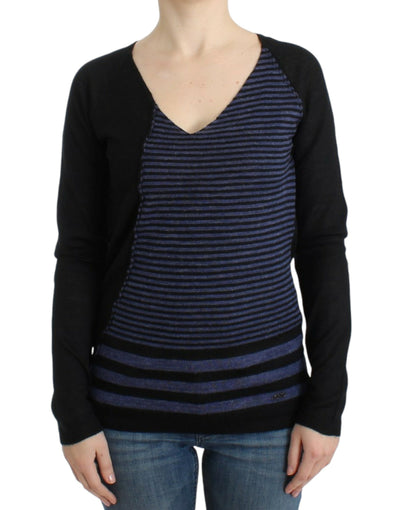 Costume National Schwarzer gestreifter Pullover mit V-Ausschnitt