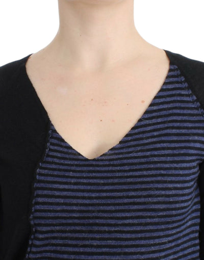 Costume National Schwarzer gestreifter Pullover mit V-Ausschnitt