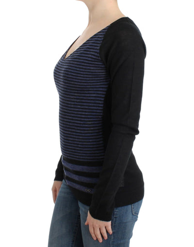 Costume National Schwarzer gestreifter Pullover mit V-Ausschnitt