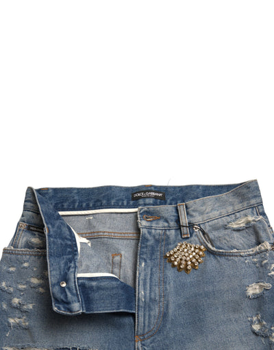 Dolce & Gabbana Blaue zerfetzte Bermudashorts mit Verzierungen