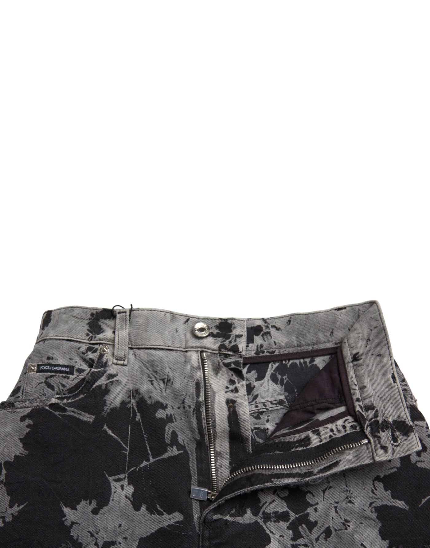 Dolce & Gabbana Schwarzer grauer Spitzen-Baumwollminirock mit hoher Taille aus Denim