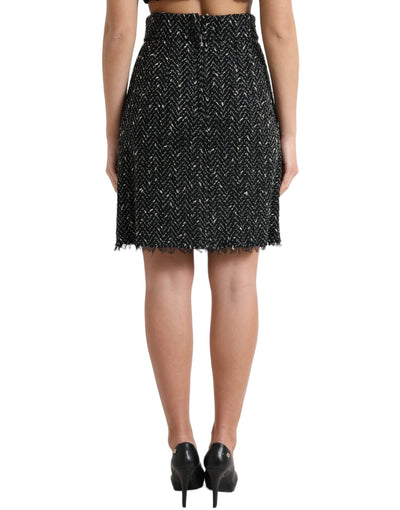 Dolce & Gabbana Schwarzer Tweed-Wollstrick-Minirock mit hoher Taille