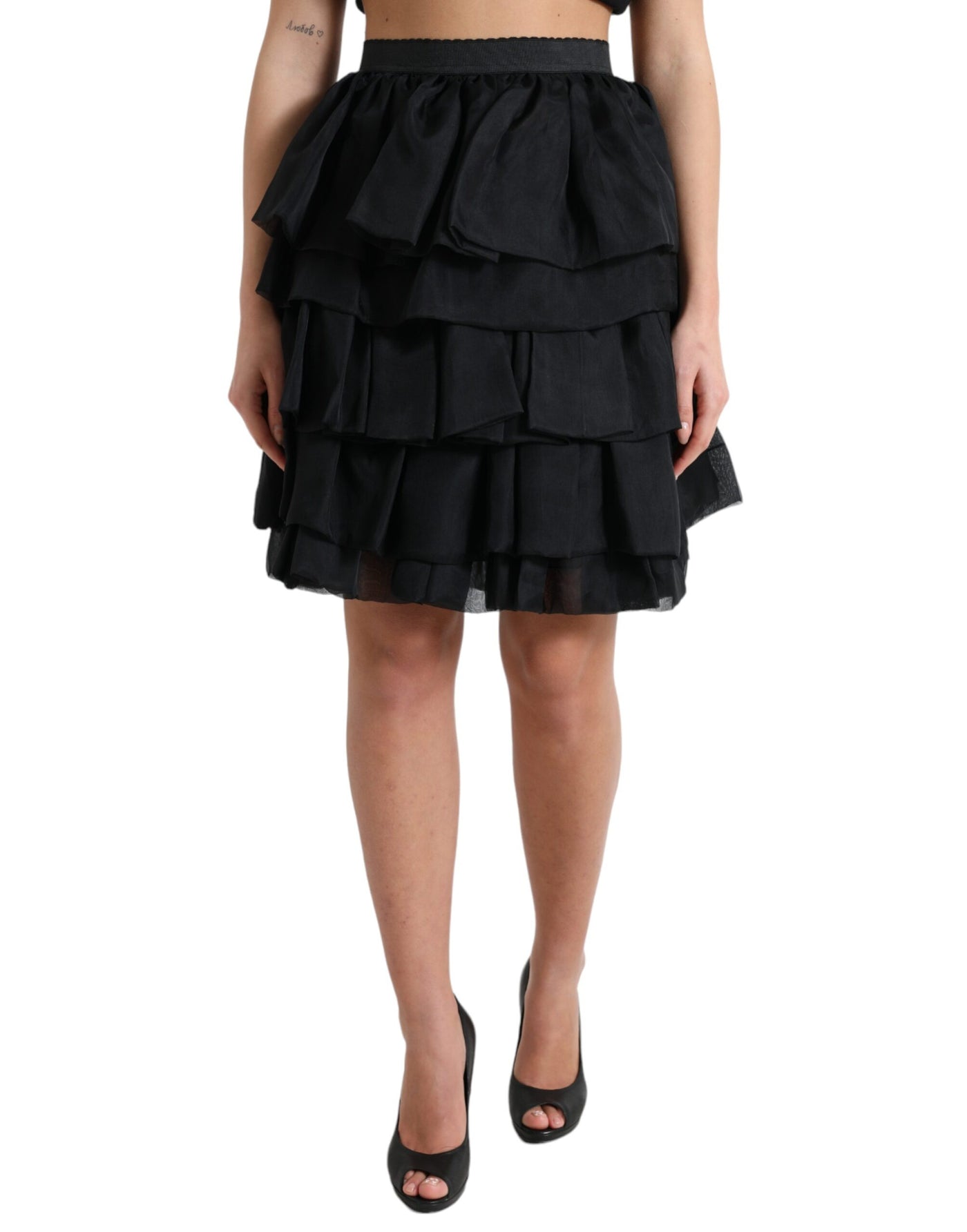 Dolce & Gabbana Schwarzer gestufter Aline Seidenminirock mit hoher Taille