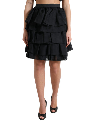 Dolce & Gabbana Schwarzer gestufter Aline Seidenminirock mit hoher Taille