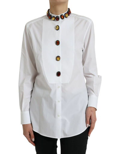 Dolce & Gabbana Weißes, mit Kristallen verziertes Baumwollshirt-Top