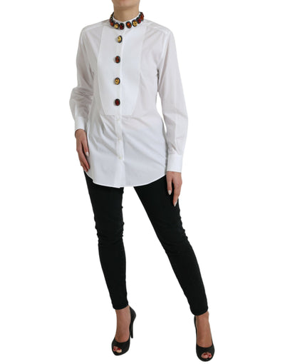 Dolce & Gabbana Weißes, mit Kristallen verziertes Baumwollshirt-Top