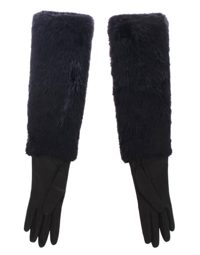 Dolce & Gabbana Schwarze Biberpelz-Lammfell-Leder-Ellbogenhandschuhe