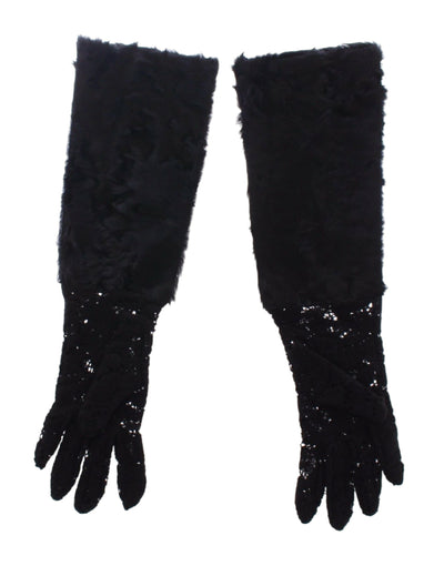 Dolce & Gabbana Schwarze Spitze Wolle Lammfell Pelz Ellenbogenhandschuhe