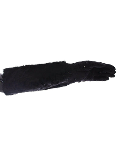 Dolce & Gabbana Schwarze Spitze Wolle Lammfell Pelz Ellenbogenhandschuhe