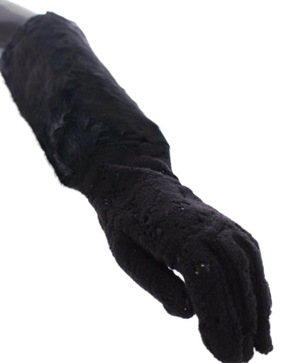 Dolce & Gabbana Schwarze Spitze Wolle Lammfell Pelz Ellenbogenhandschuhe