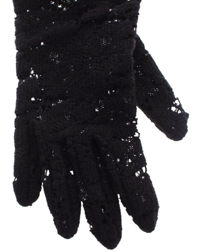 Dolce & Gabbana Schwarze Spitze Wolle Lammfell Pelz Ellenbogenhandschuhe