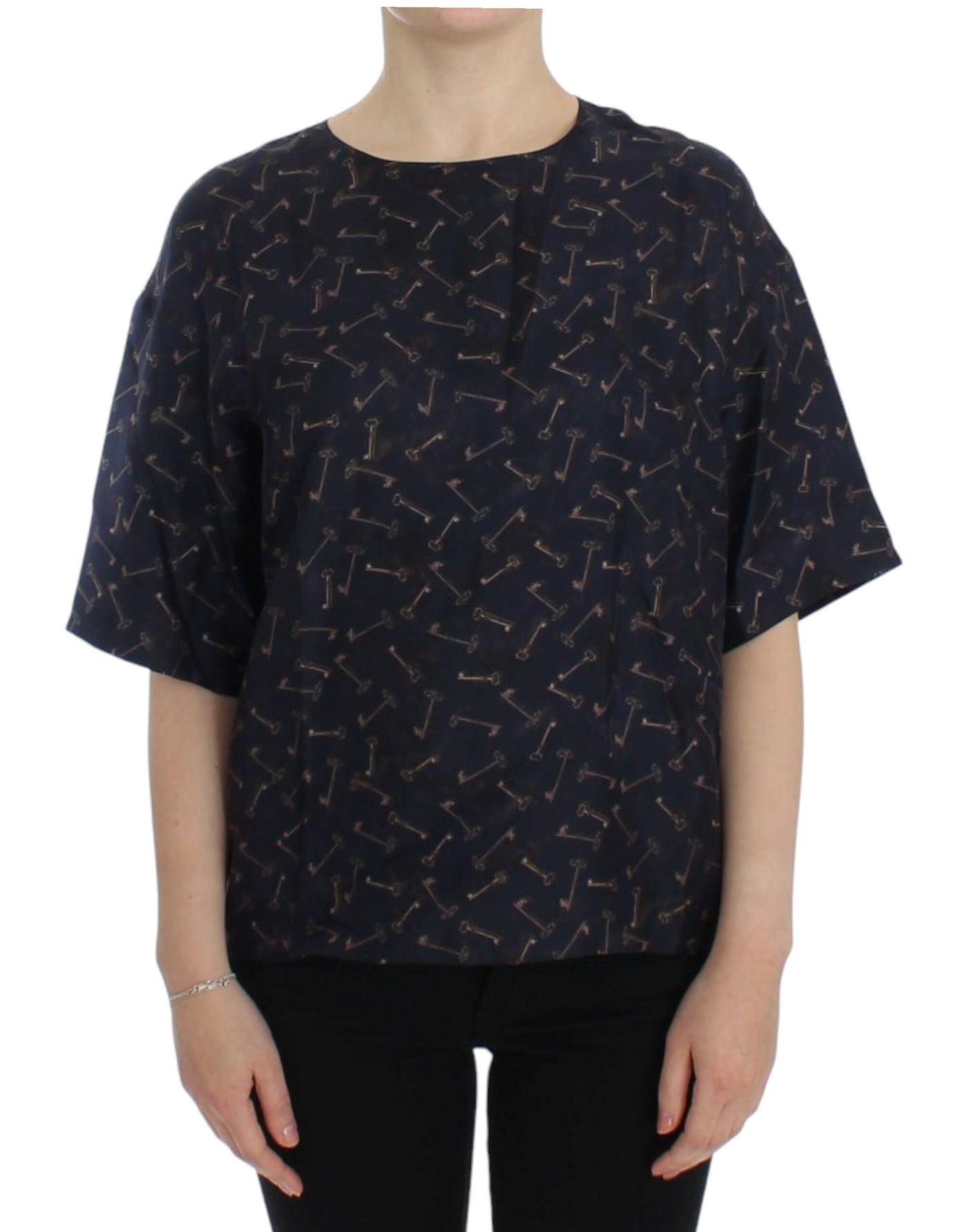 Dolce & Gabbana Blau-goldene Seidenbluse mit Schlüsseldruck