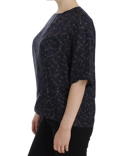 Dolce & Gabbana Blau-goldene Seidenbluse mit Schlüsseldruck