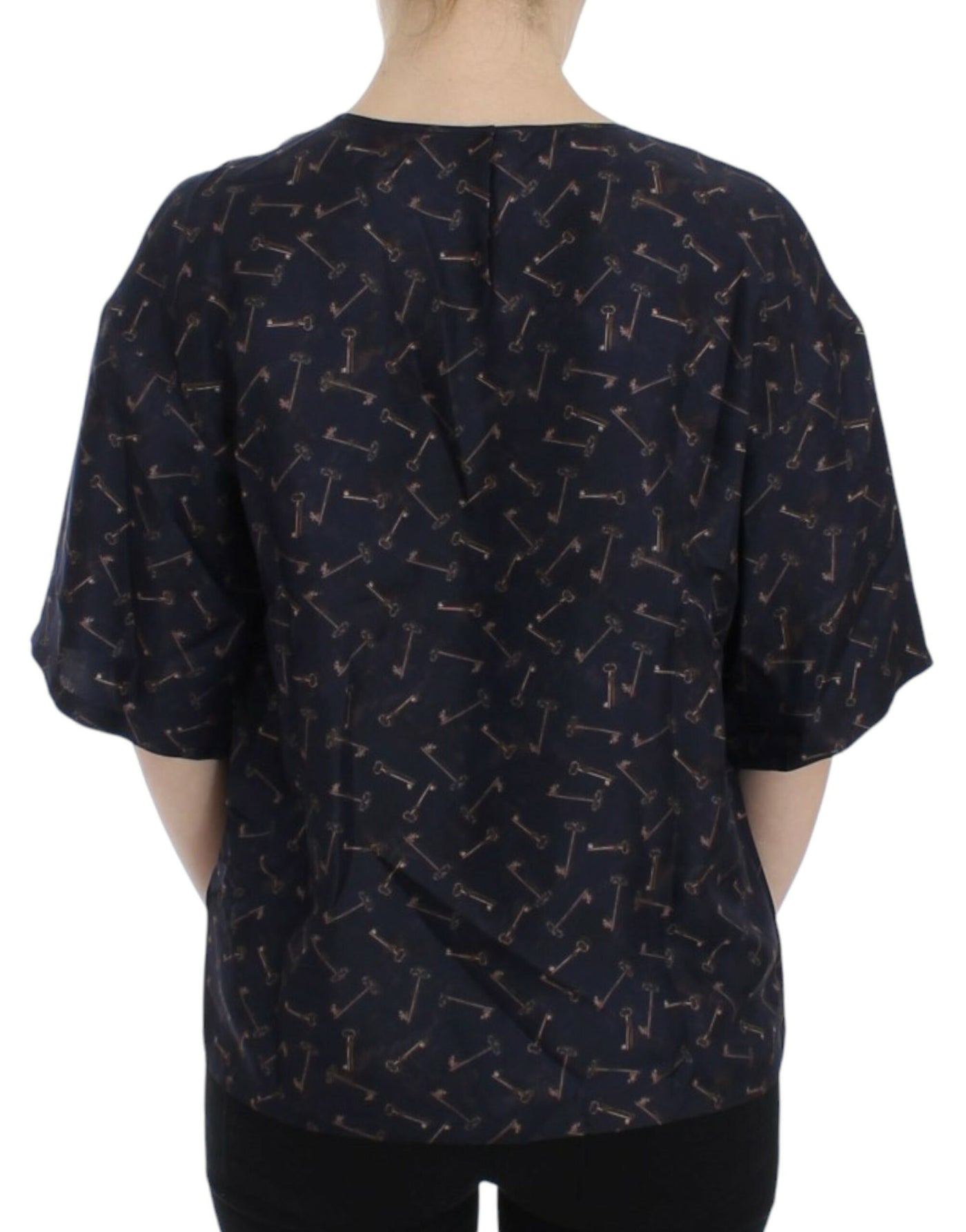 Dolce & Gabbana Blau-goldene Seidenbluse mit Schlüsseldruck