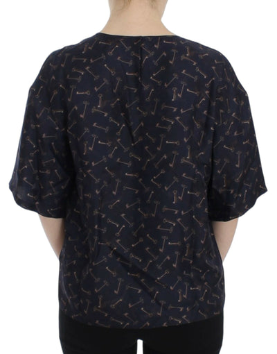 Dolce & Gabbana Blau-goldene Seidenbluse mit Schlüsseldruck