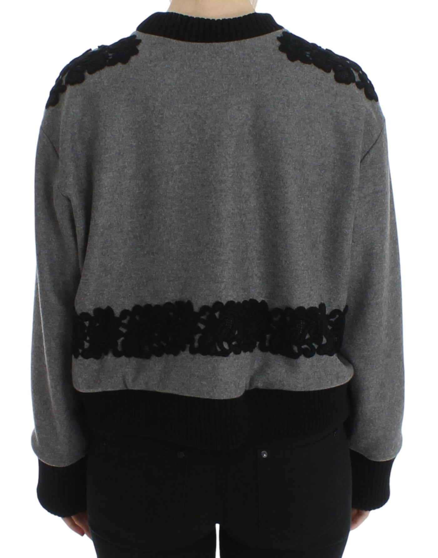 Dolce & Gabbana Grauer schwarzer Spitzenpullover aus Wolle und Kaschmir
