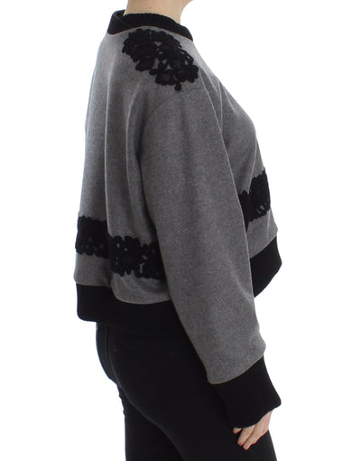 Dolce & Gabbana Grauer schwarzer Spitzenpullover aus Wolle und Kaschmir