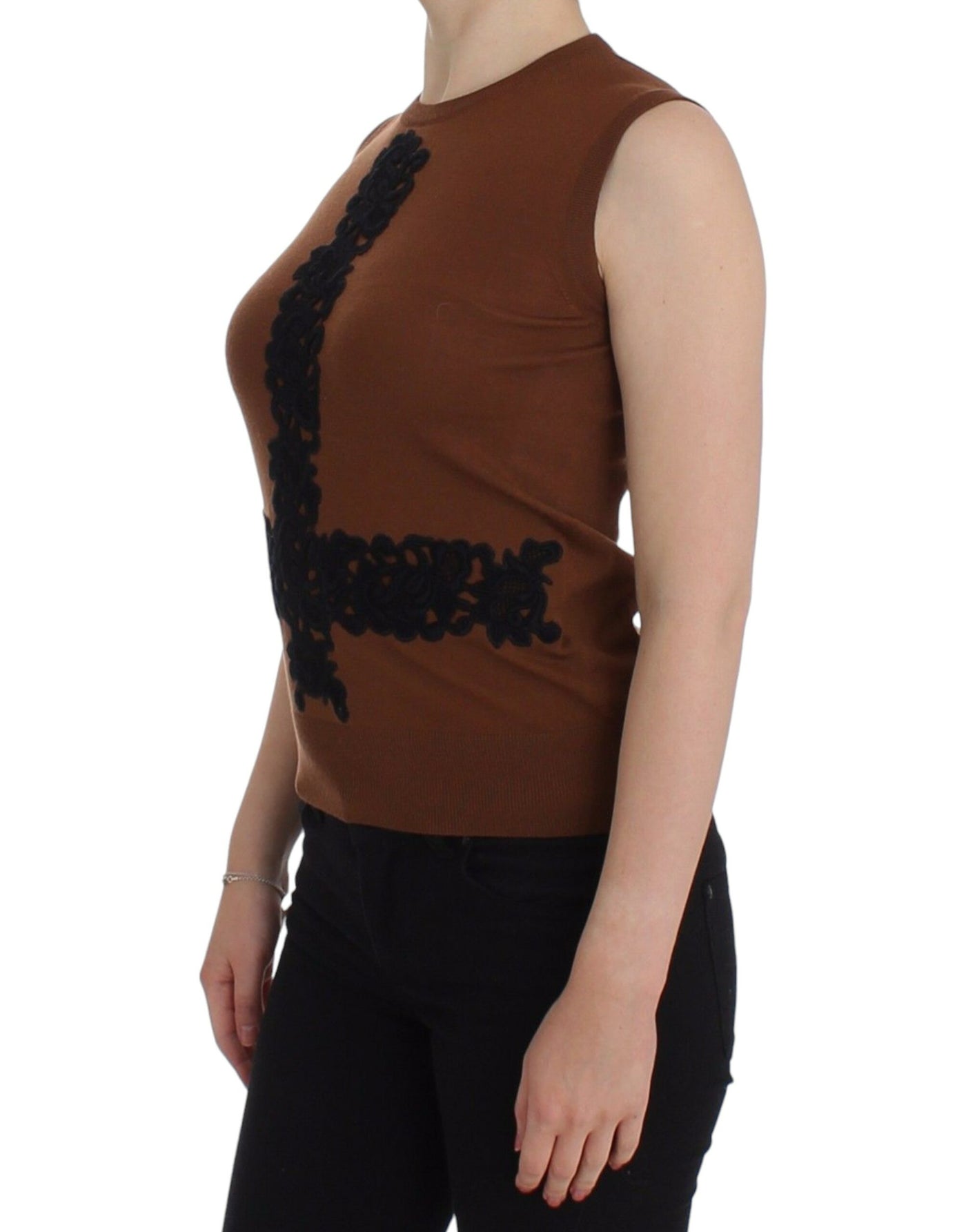 Dolce & Gabbana Braun Wolle Schwarz Spitze Weste Pullover Top