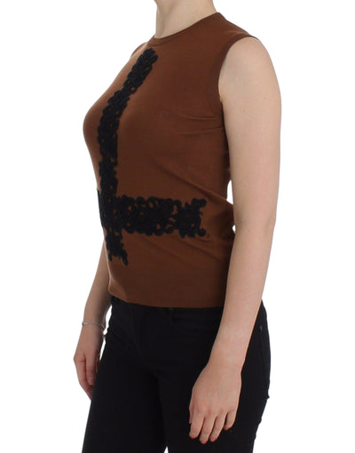 Dolce & Gabbana Braun Wolle Schwarz Spitze Weste Pullover Top