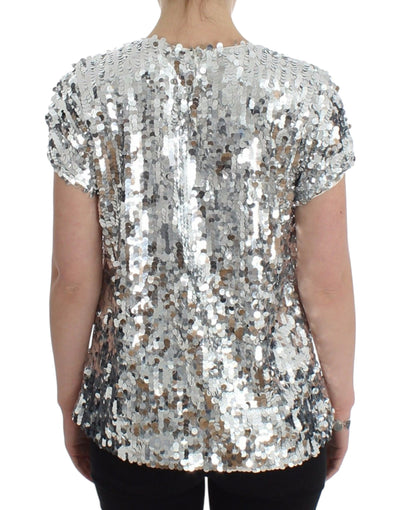 Dolce & Gabbana Silberne paillettenbesetzte Bluse mit Rundhalsausschnitt T-shirt Top