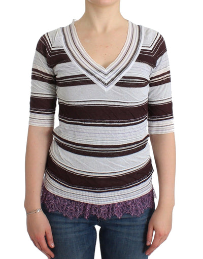 Ermanno Scervino Gestreiftes Spitzen-Top mit V-Ausschnitt und kurzen Ärmeln Pullover