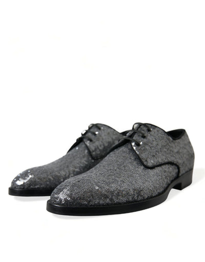 Dolce & Gabbana Silberne paillettenbesetzte Schnürschuhe für Männer Derby Dress Schuhe