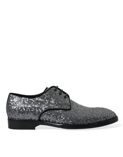 Dolce & Gabbana Silberne paillettenbesetzte Schnürschuhe für Männer Derby Dress Schuhe