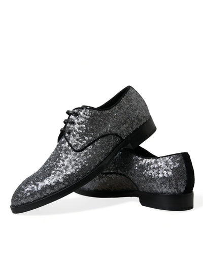 Dolce & Gabbana Silberne paillettenbesetzte Schnürschuhe für Männer Derby Dress Schuhe