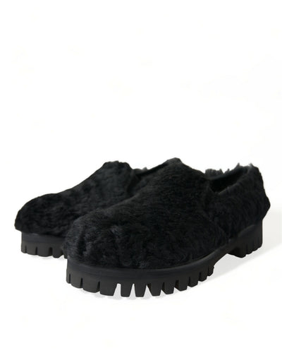 Dolce & Gabbana Schwarz Pelz Leder Hausschuhe Kleid Schuhe