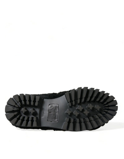 Dolce & Gabbana Schwarz Pelz Leder Hausschuhe Kleid Schuhe