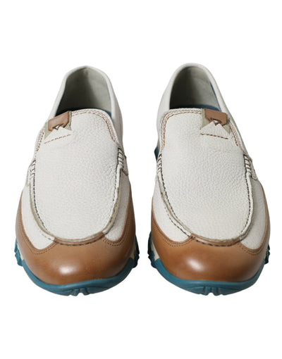 Dolce & Gabbana Weiß Braun Leder Slip On Männer Mokassin Schuhe